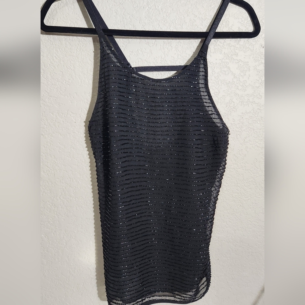 Topshop Tank Top Womens XS Black Beaded Sheer Mesh Adjustable Strap Party Layer